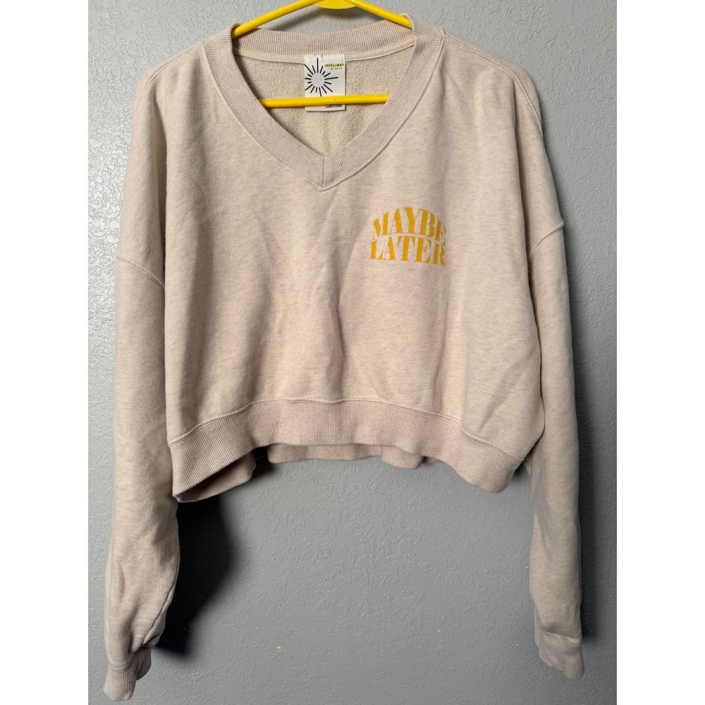OFFLINE by Aerie "MAYBE LATER" Cropped Sweatshirt Oatmeal Beige V-Neck XL Soft